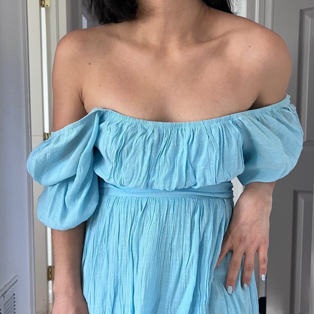 puff sleeve open back mini dress light blue princess costume summer vacation Med - Picture 12 of 15